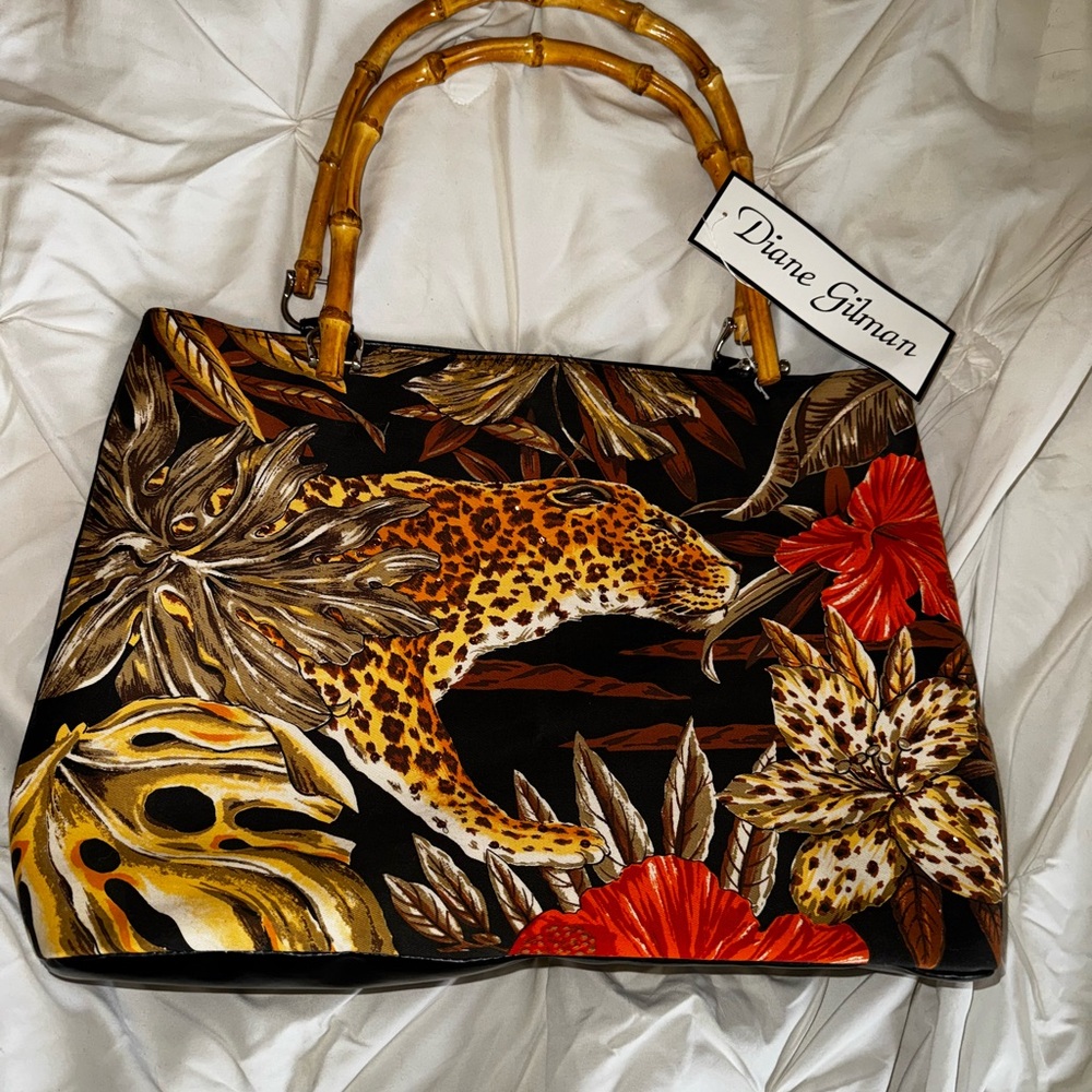 Diane Gilman Tropical Leopard Print Bamboo-Handle Tote in Black & Red